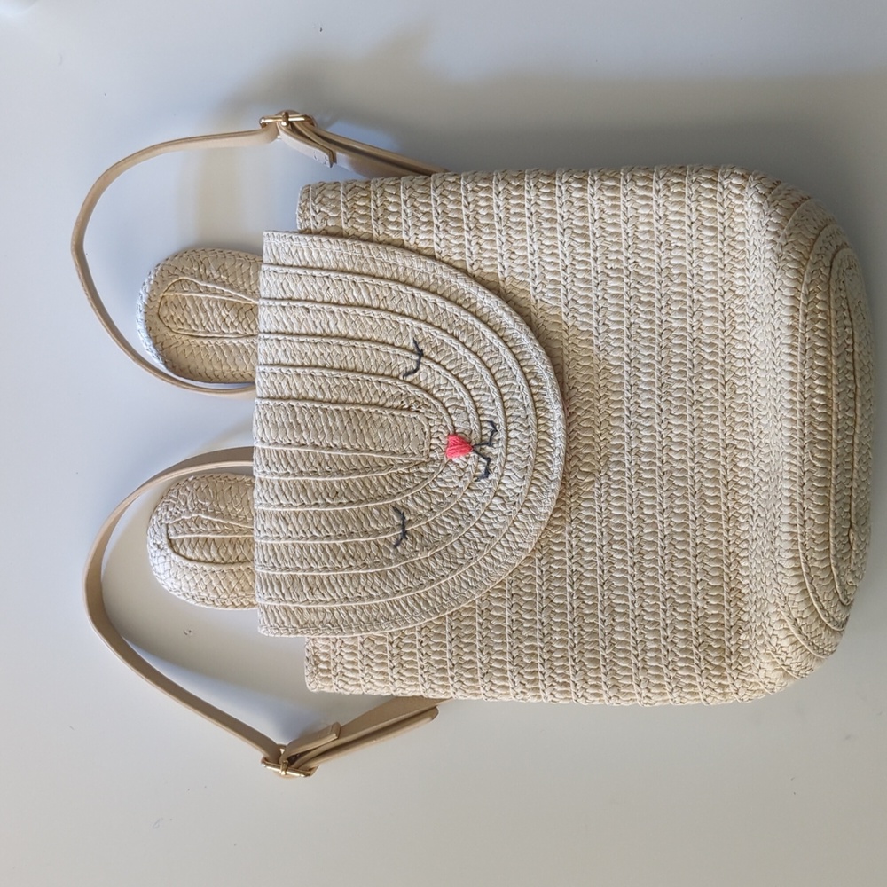 EUC Meri Meri girls woven raffia backpack purse pink gingham bunny design